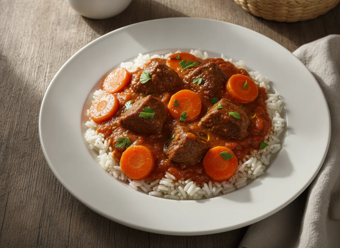 Beef stew with rice and carrots photo