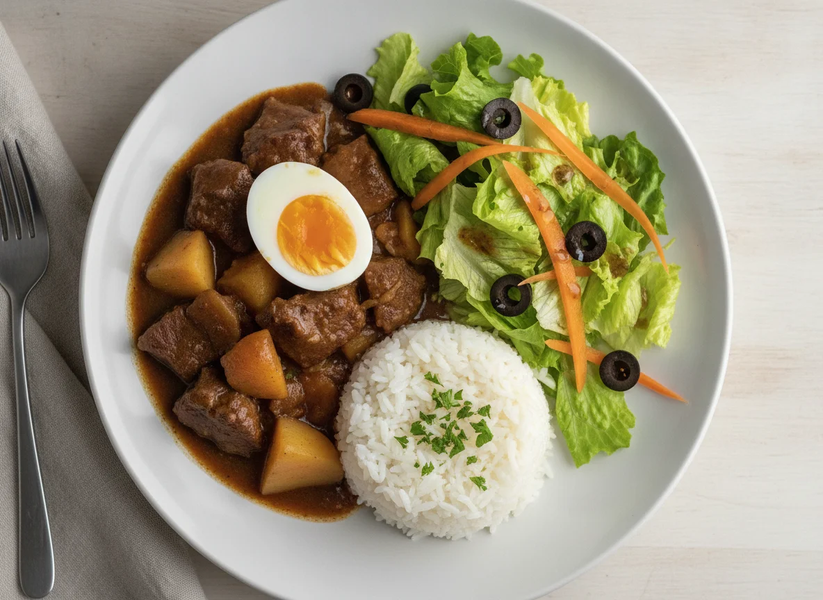 Beef stew with rice and fresh salad photo