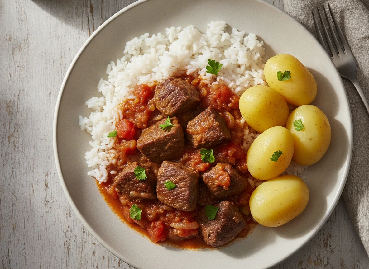 Beef stew with rice and potatoes photo
