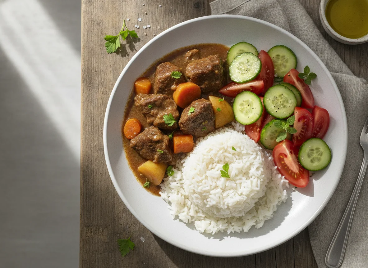 Beef stew with rice and salad photo