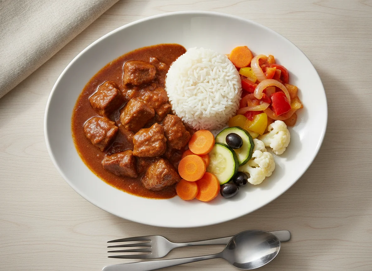 Beef Stew with Rice and Steamed Vegetables photo