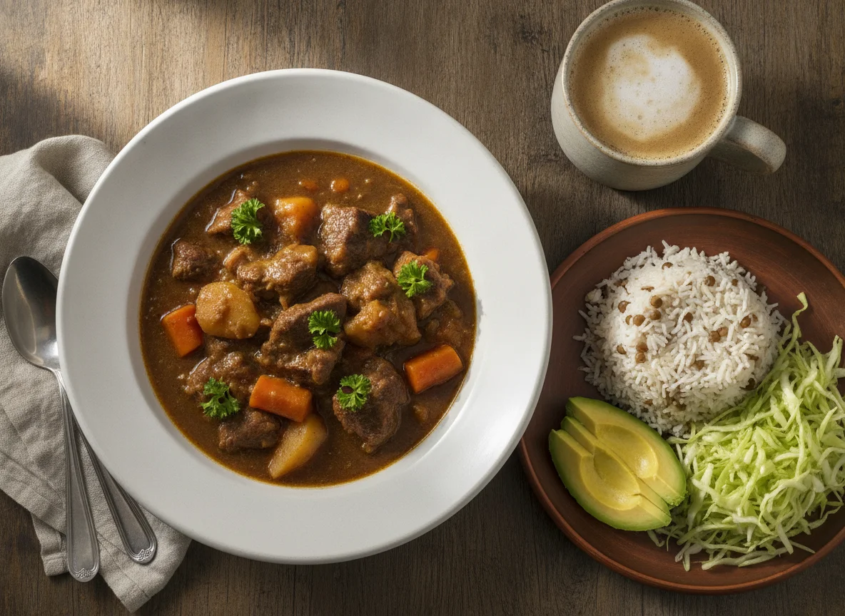Beef Stew with Rice, Cabbage, and Avocado photo