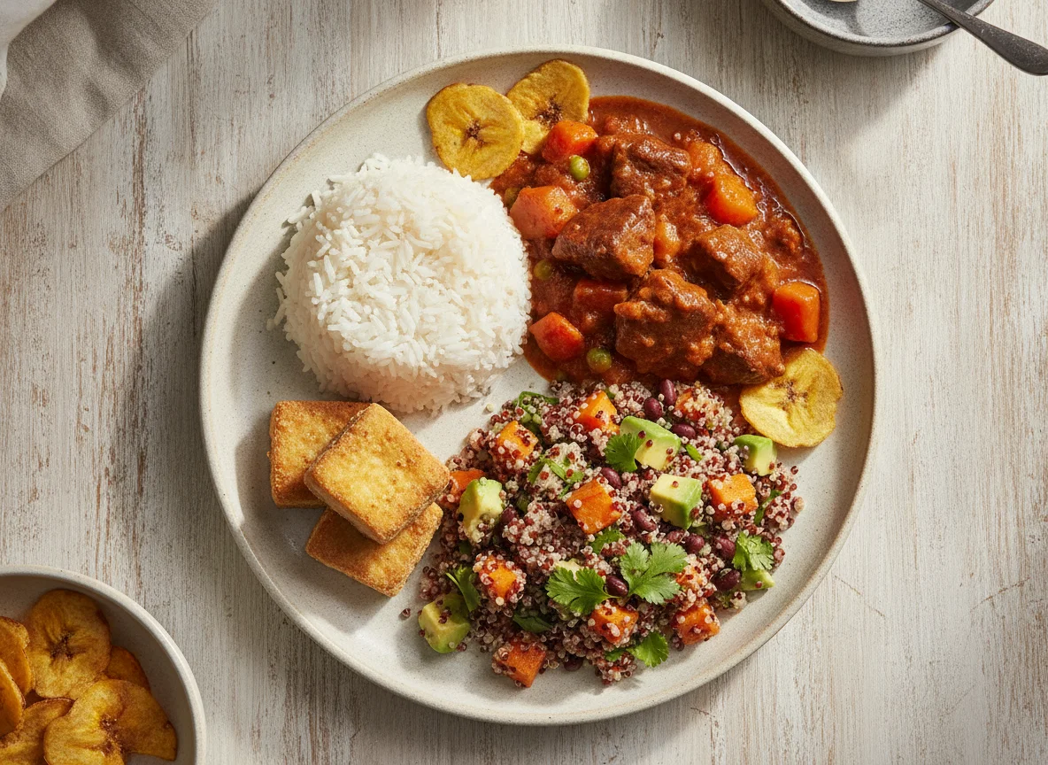 Beef Stew with Rice, Fried Tofu and Quinoa Salad photo