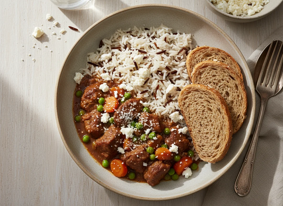 Beef Stew with Rice, Peas and Carrots, and Feta Cheese photo