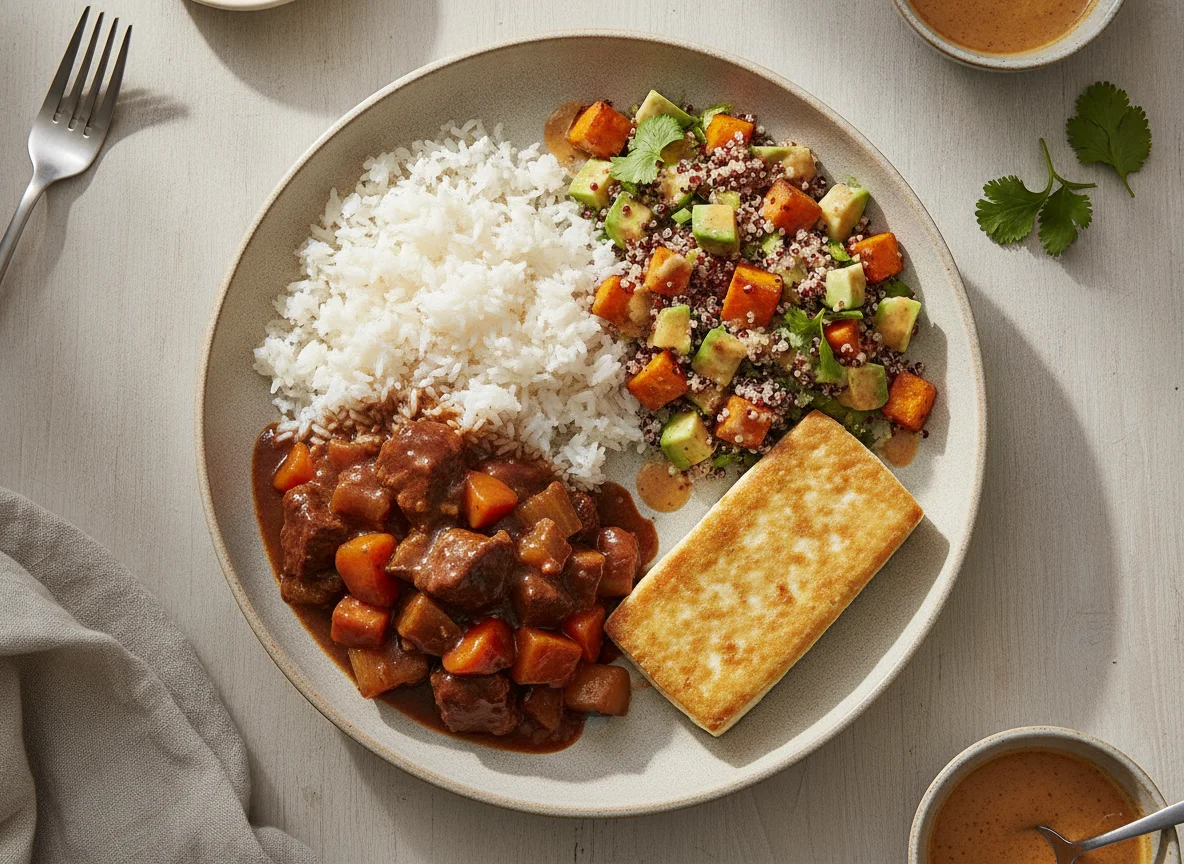 Beef Stew with Rice, Tofu, and Avocado Quinoa Salad photo