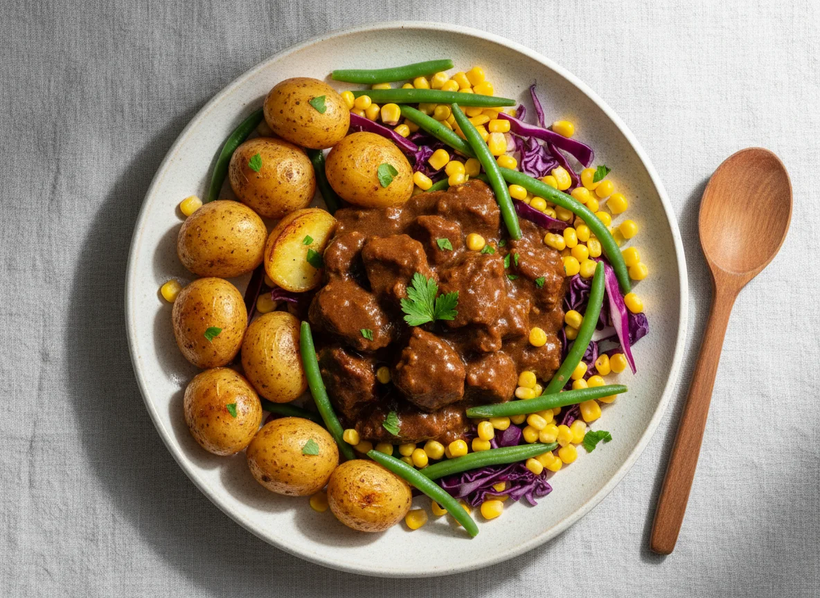Beef Stew with Roasted Potatoes and Mixed Vegetables photo