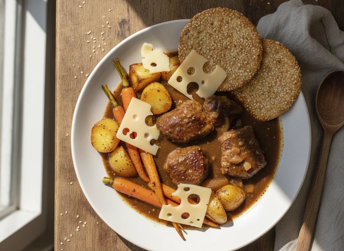 Beef stew with roasted vegetables, crispbread and cheese photo