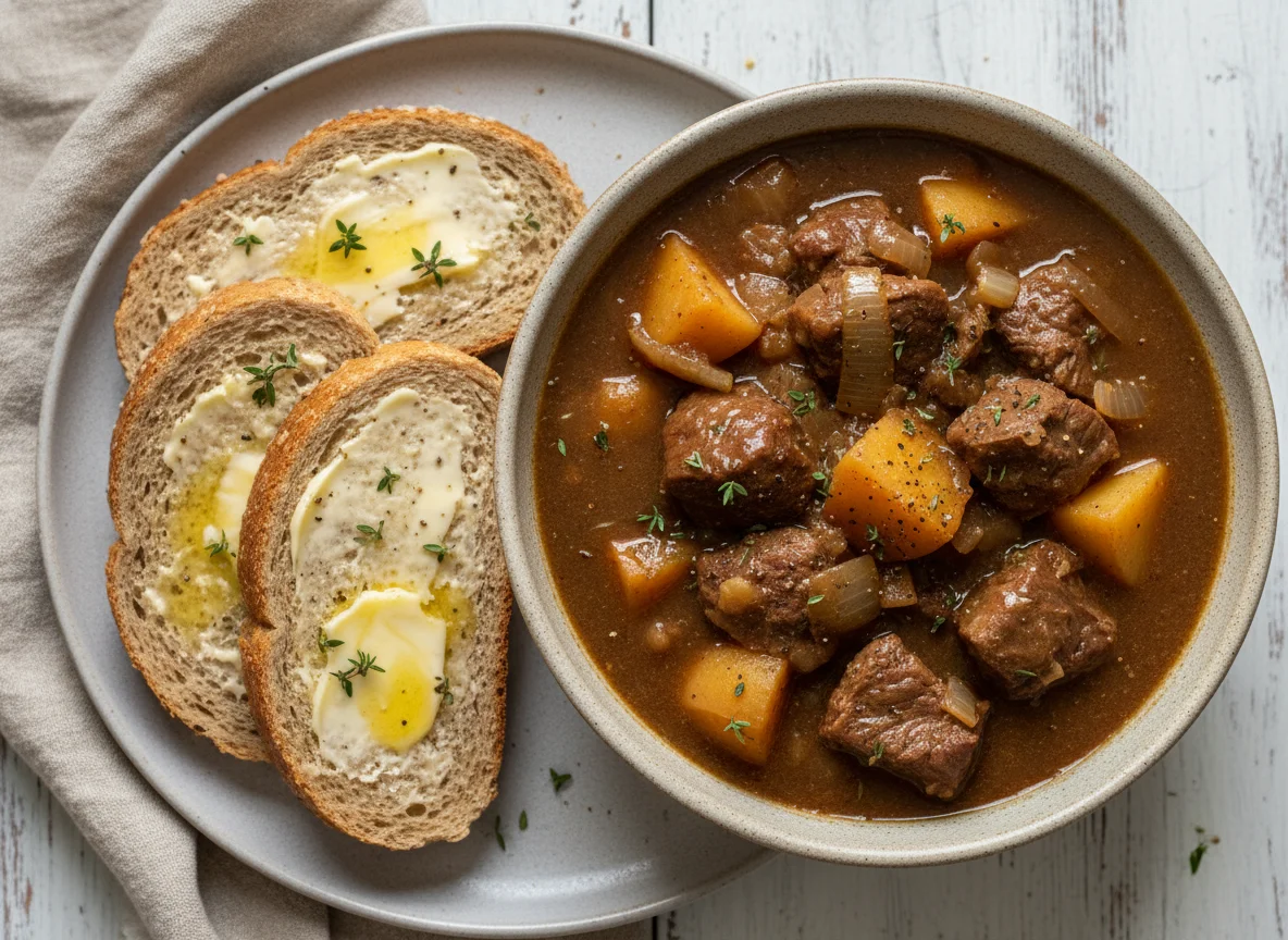 Beef Stew with Root Vegetables and Buttered Bread photo