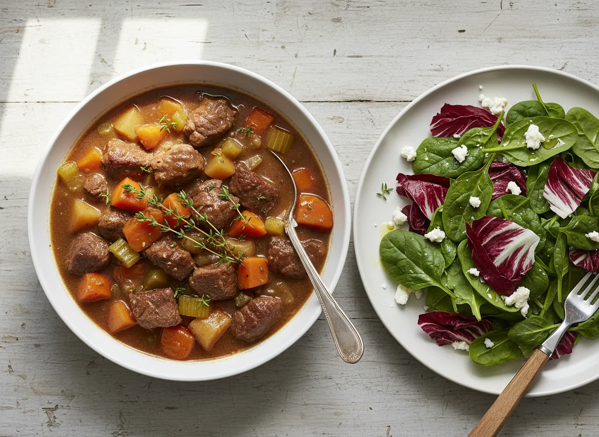 Beef Stew with Spinach and Radicchio Salad photo