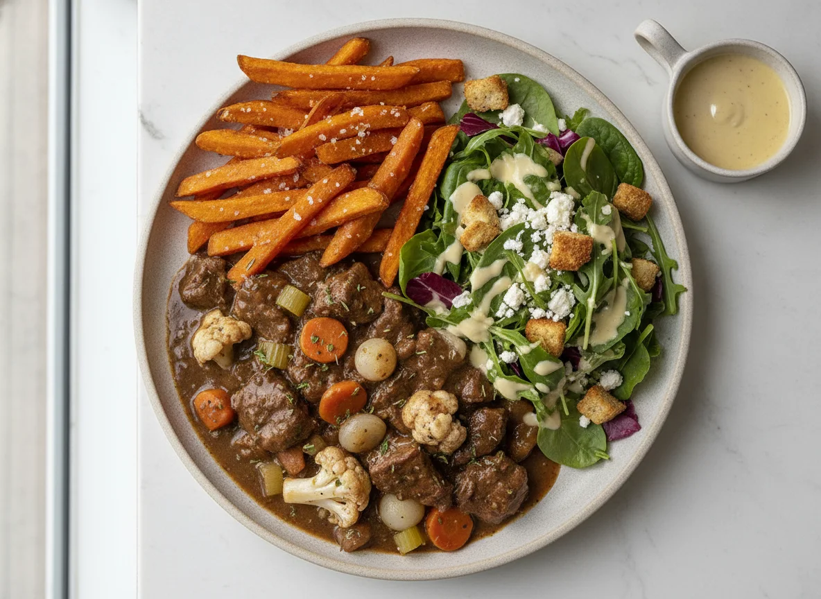 Beef Stew with Sweet Potato Fries and Side Salad photo