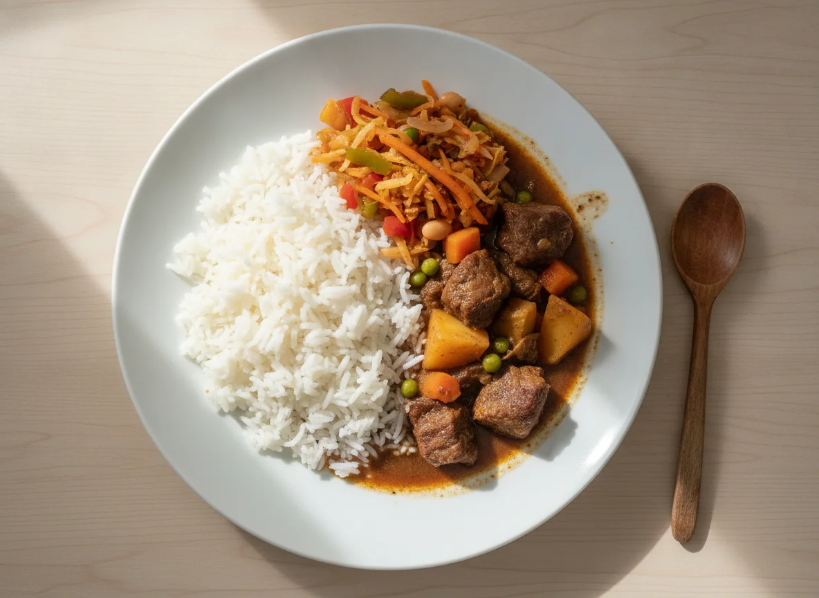 Beef Stew with White Rice and Chakalaka photo