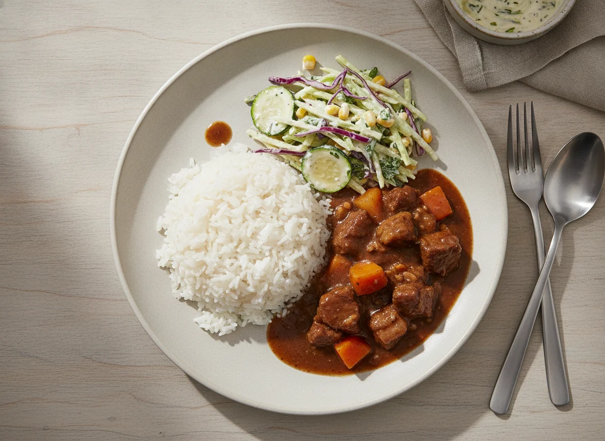 Beef stew with white rice and creamy vegetable salad photo