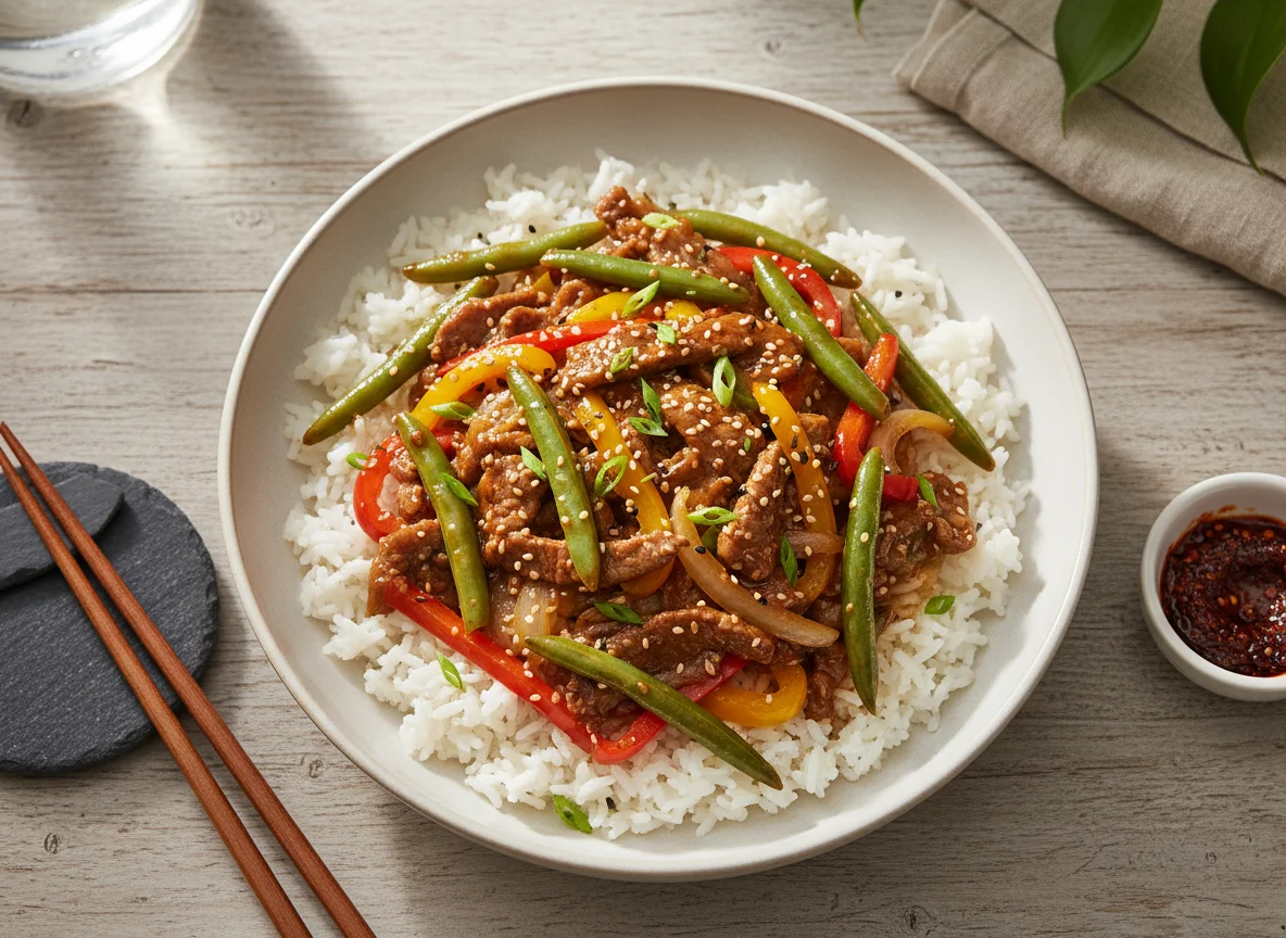 Beef Stir-fry with Green Beans and Rice photo