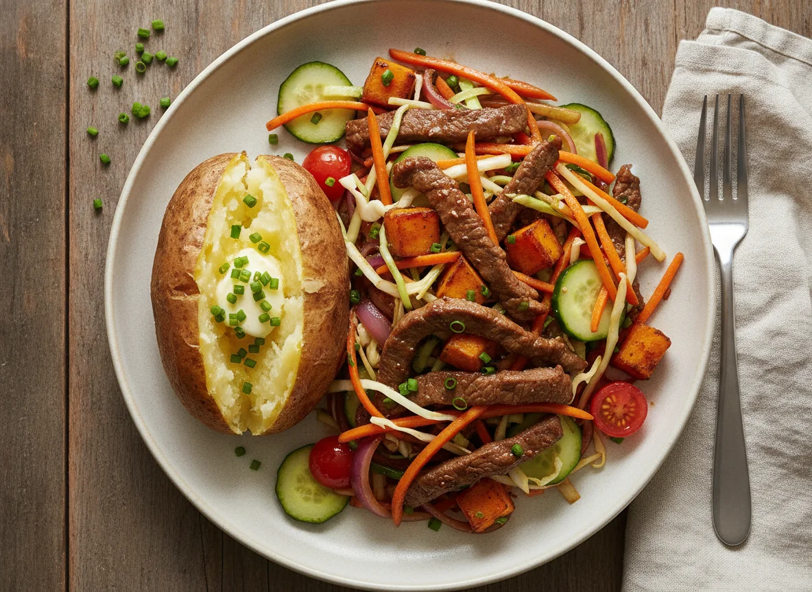 Beef stir-fry with mixed vegetables and baked potato photo