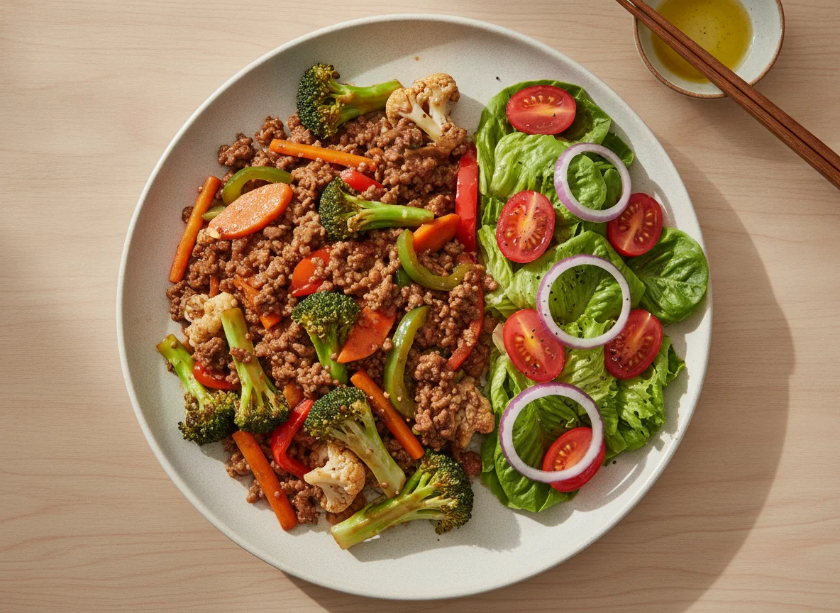 Beef stir-fry with mixed vegetables and side salad photo