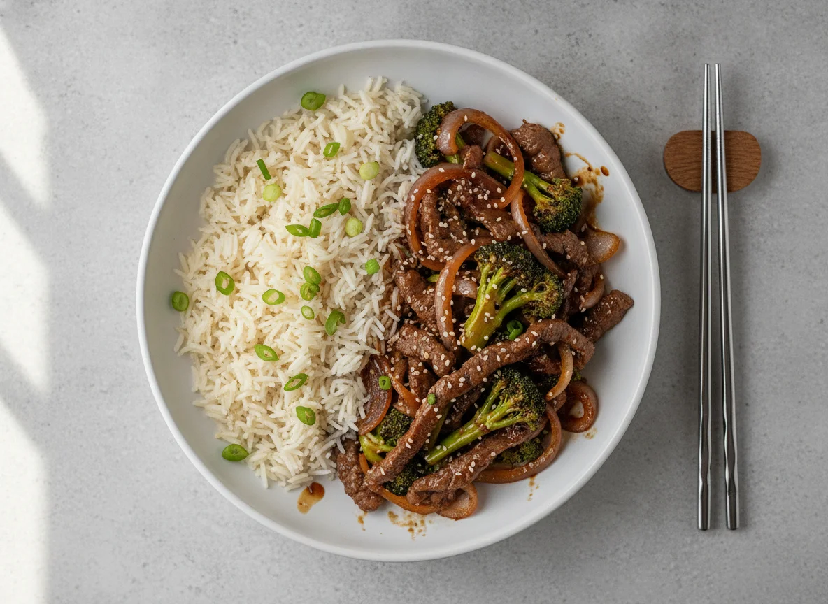 Beef stir-fry with rice and vegetables photo