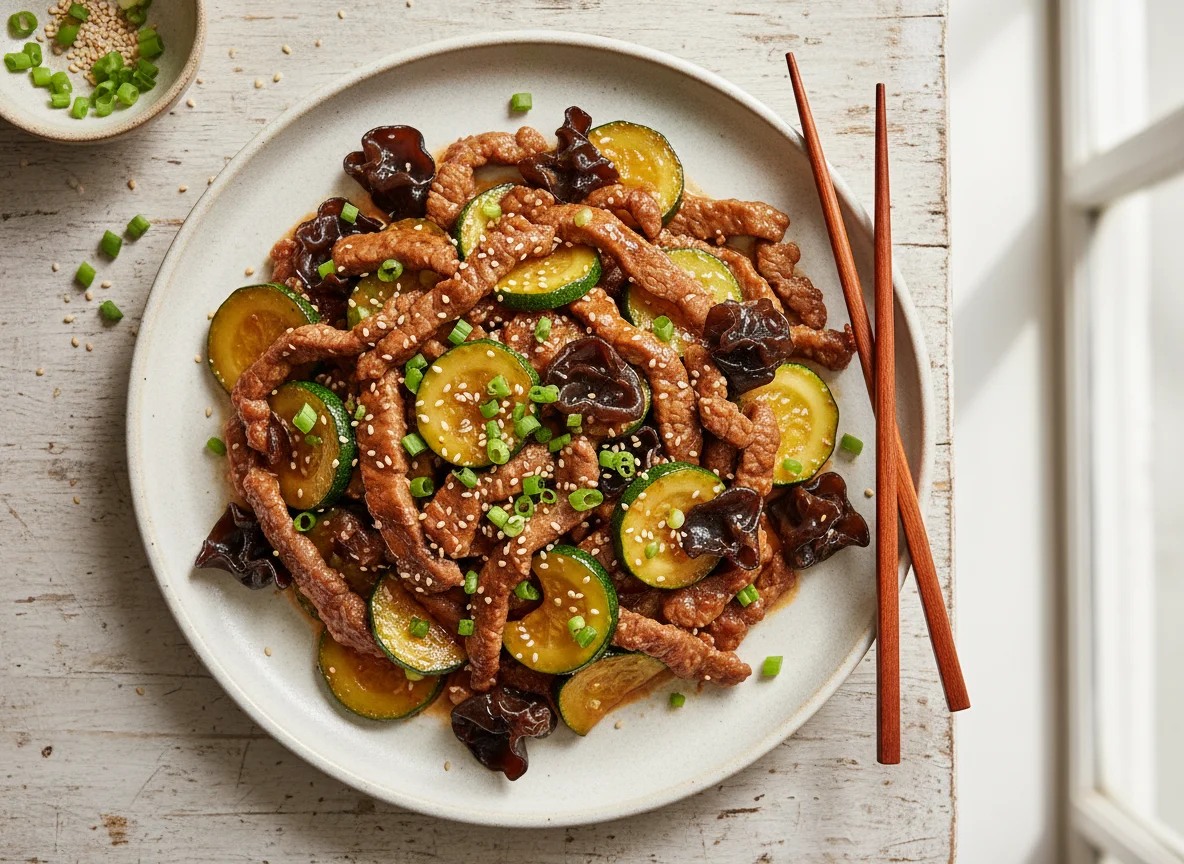Beef Stir-fry with Zucchini and Wood Ear Mushrooms photo