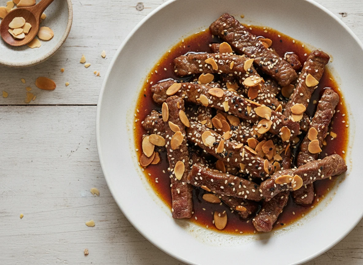 Beef strips with almonds and sesame seeds photo
