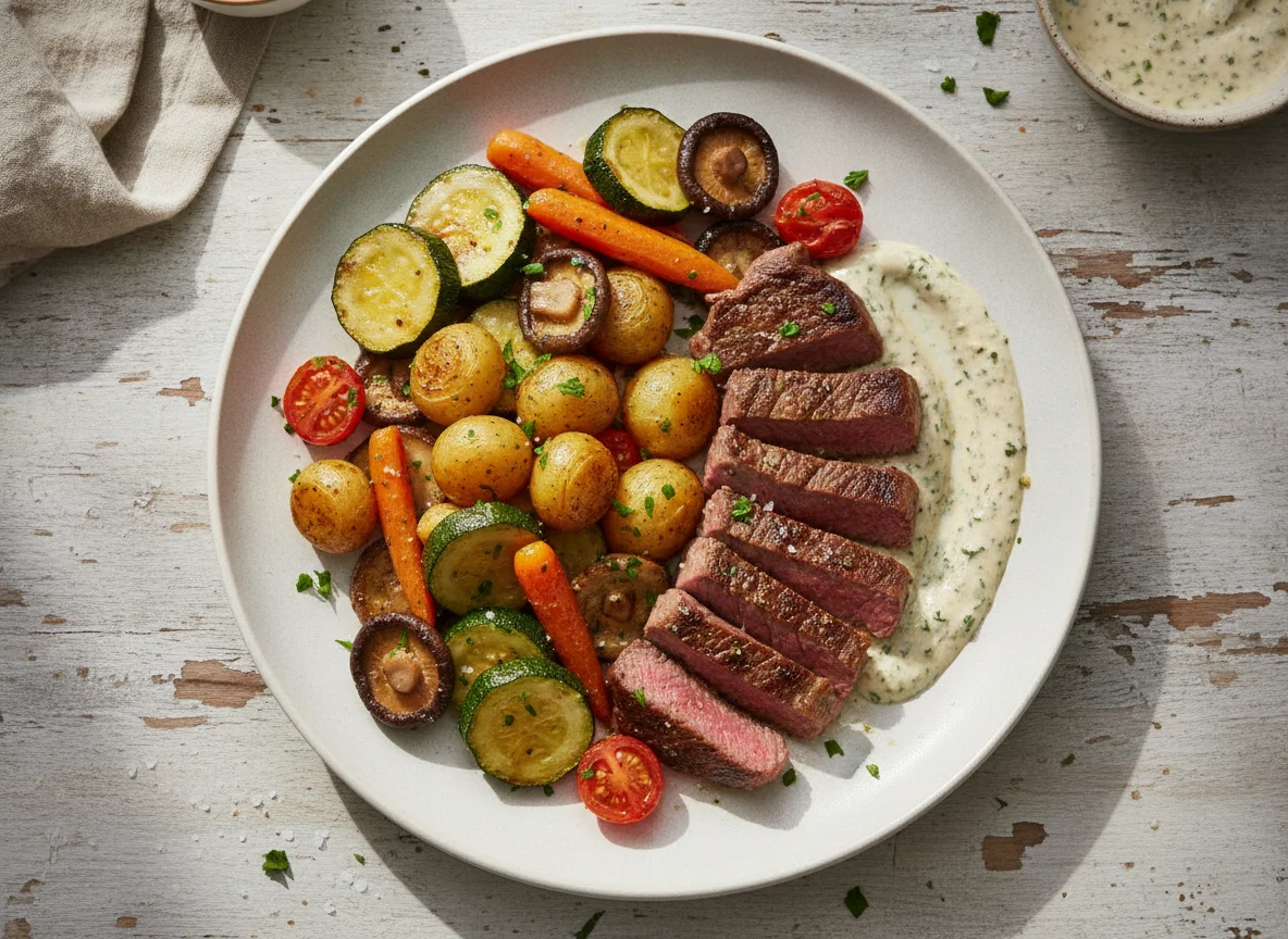 Beef strips with roasted vegetables and sauce photo