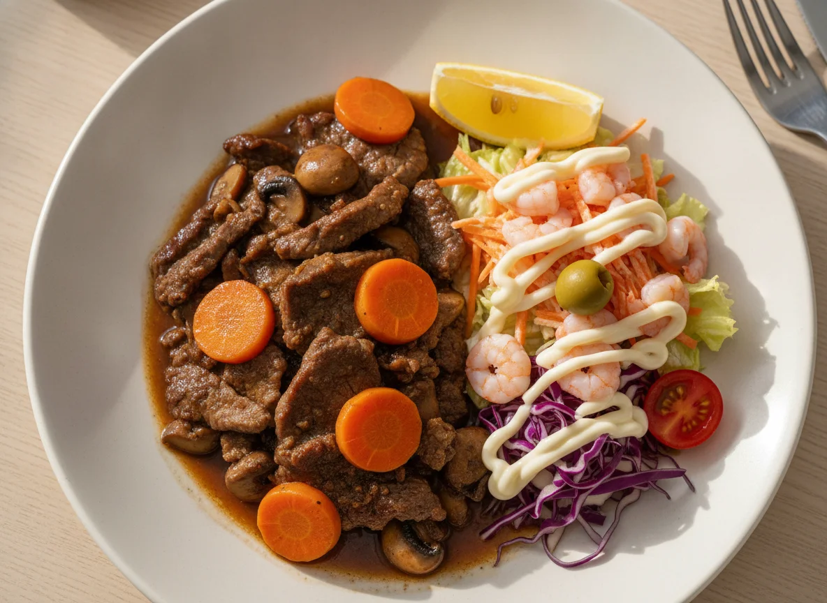 Beef strips with vegetables and shrimp salad photo