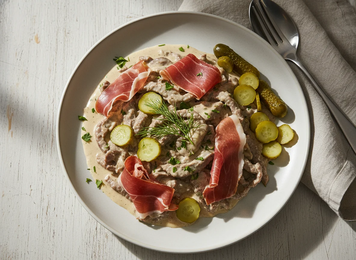 Beef Stroganoff with Prosciutto and Pickles photo