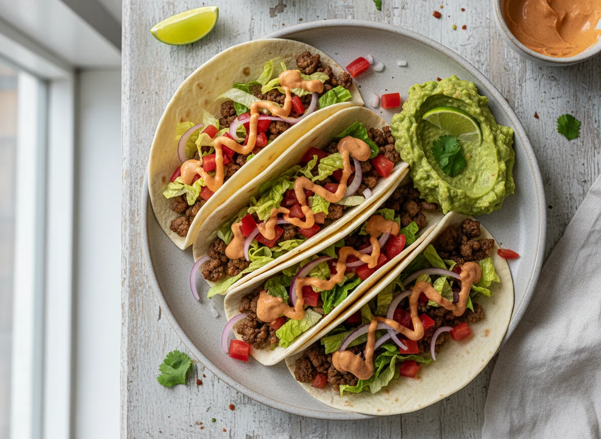 Beef Tacos with Guacamole and Sauce photo