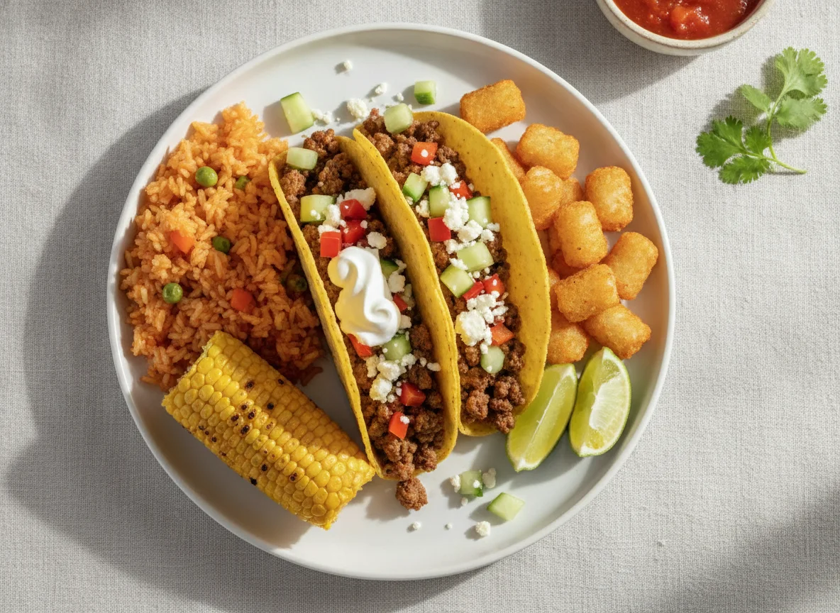 Beef Tacos with Mexican Rice and Corn photo