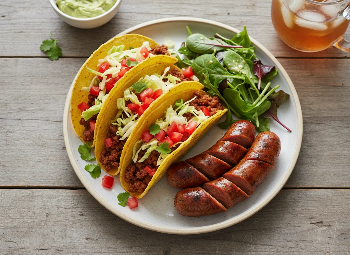 Beef Tacos with Salad and Sausages photo
