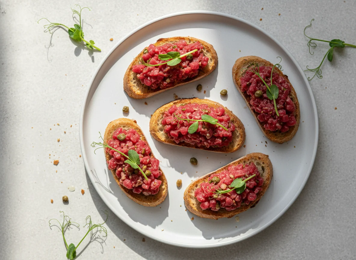 Beef Tartare Crostini with Pea Shoots photo