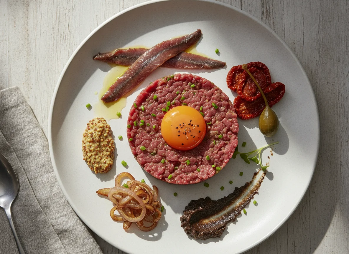 Beef Tartare with Anchovies and Garnishes photo