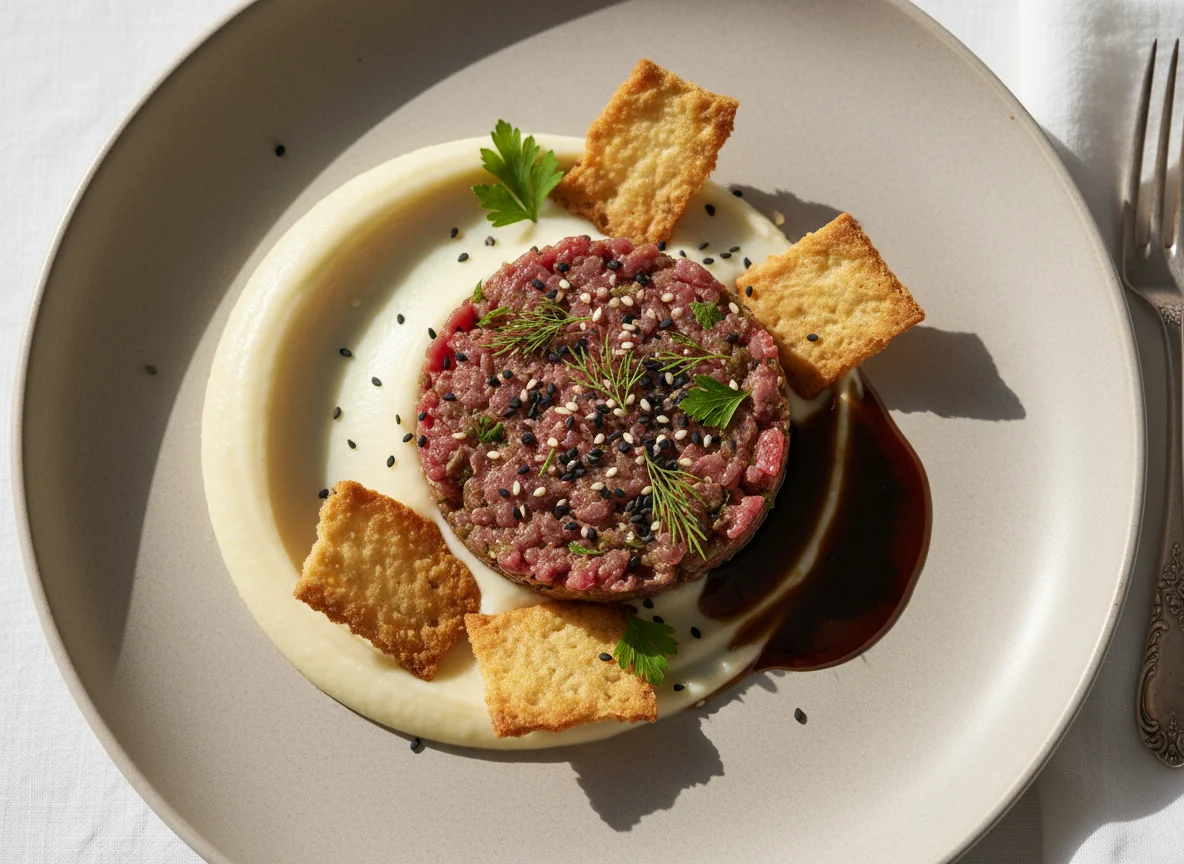 Beef Tartare with Puree and Crisps photo