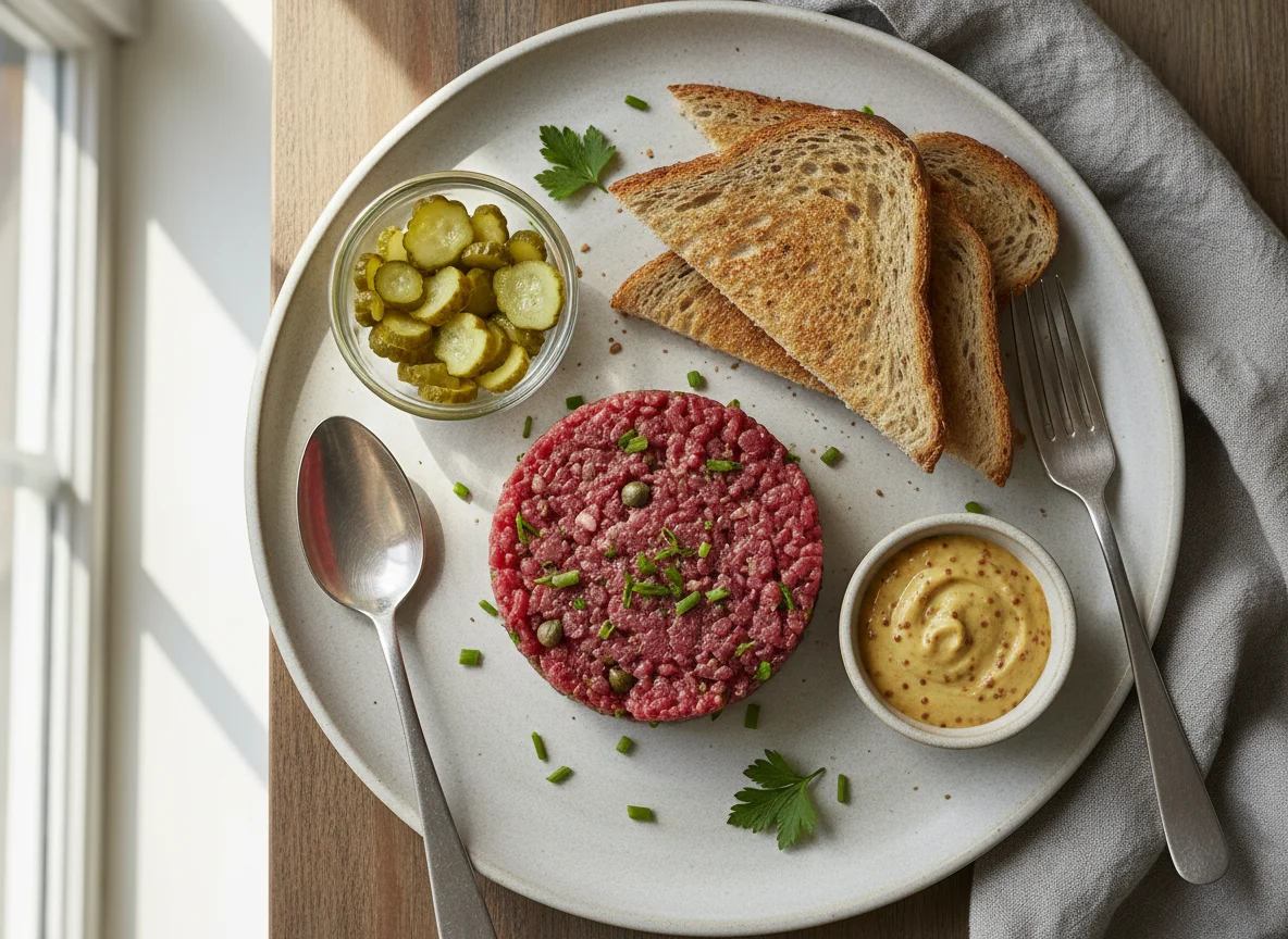 Beef Tartare with Toasted Bread and Condiments photo