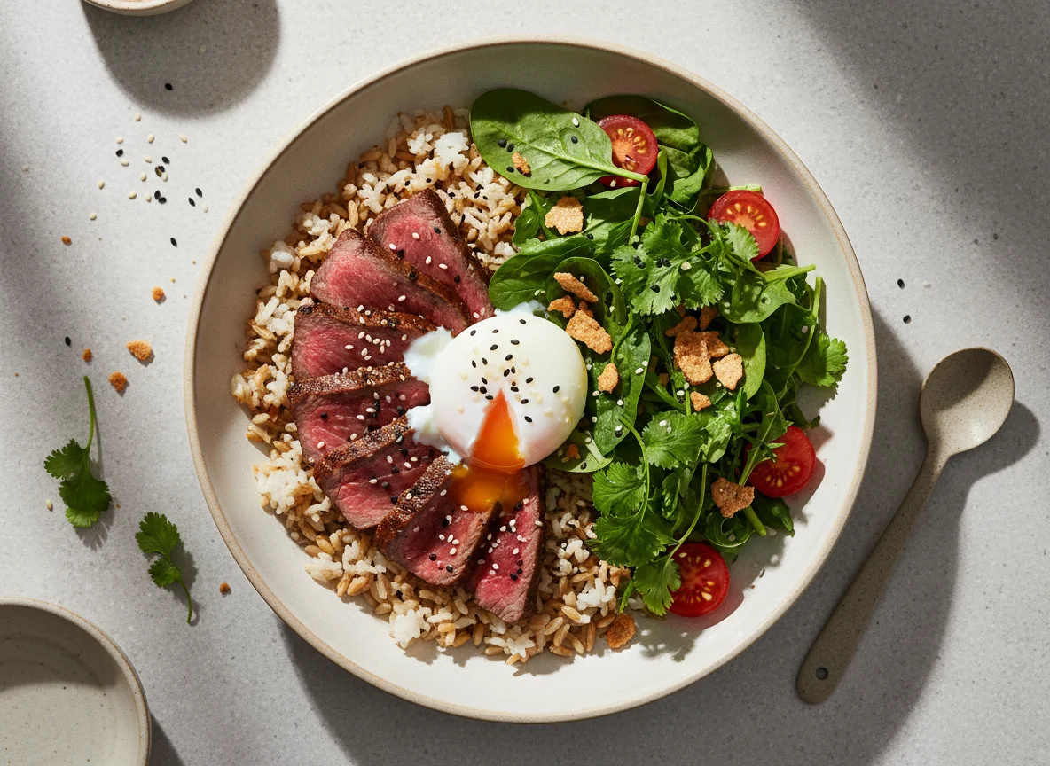 Beef Tataki Bowl with Poached Egg and Greens photo