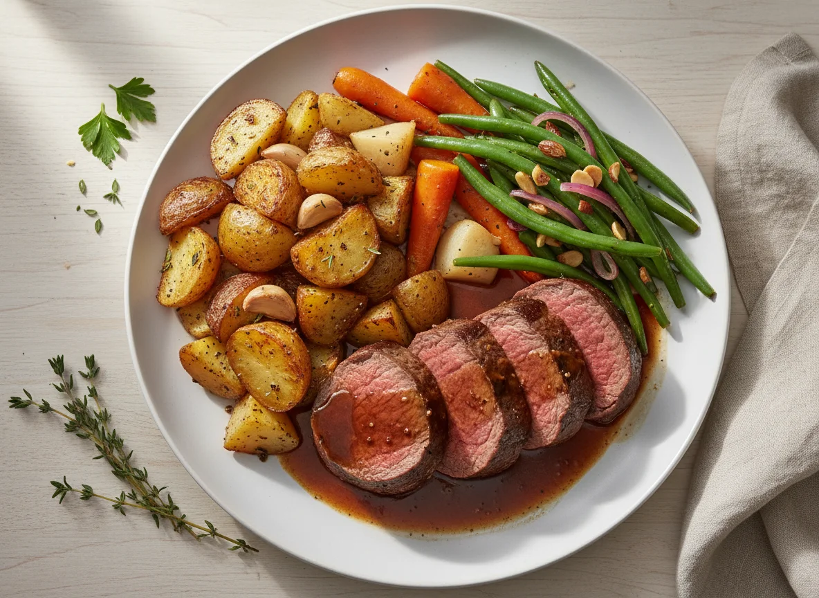 Beef Tenderloin with Roasted Potatoes and Green Beans photo