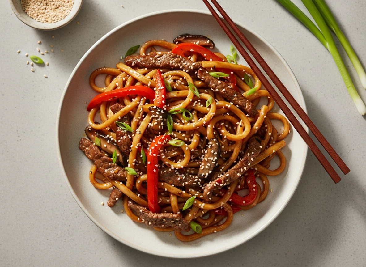 Beef Udon Noodles Stir-fry photo