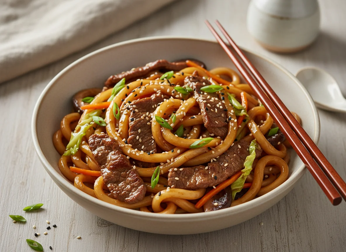 Beef Udon Noodles with Teriyaki Sauce photo