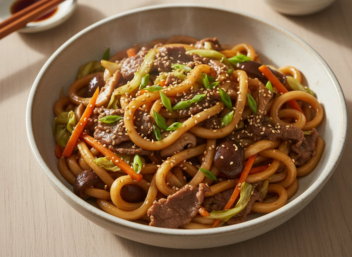 Beef Udon Noodles with Vegetables photo