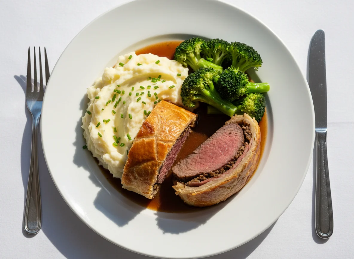 Beef Wellington with Mashed Potatoes, Broccoli, and Gravy photo
