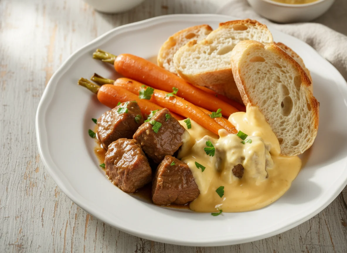 Beef with Carrots, Bread, and Cheese Sauce photo