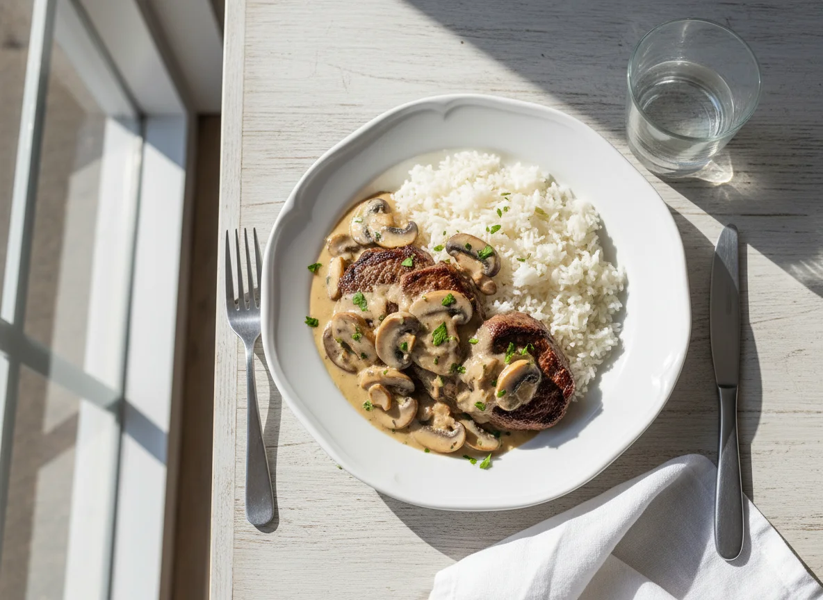 Beef with creamy mushroom sauce and rice photo