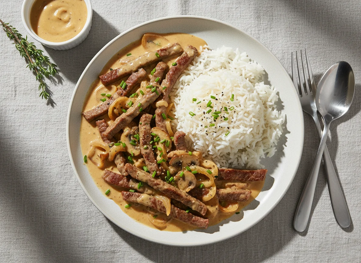 Beef with Creamy Sauce and Rice photo