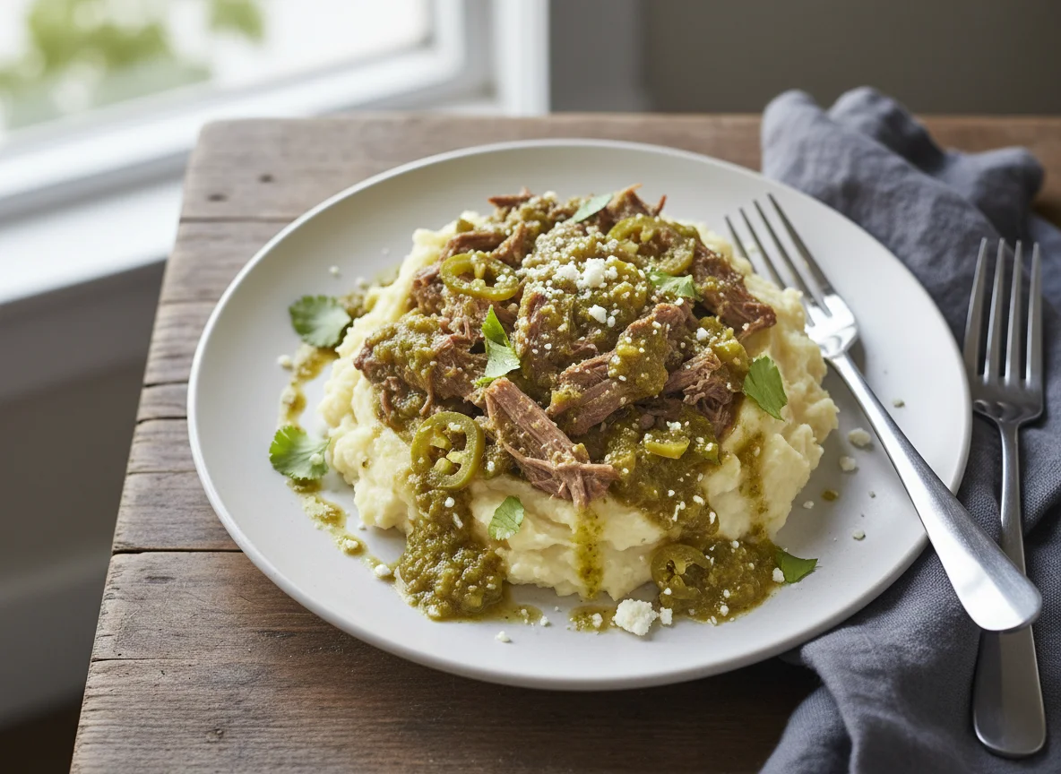 Beef with Green Chili Sauce and Mashed Potatoes photo