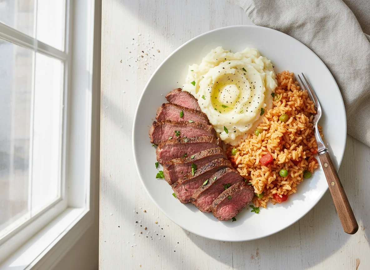 Beef with Mashed Potatoes and Spanish Rice photo