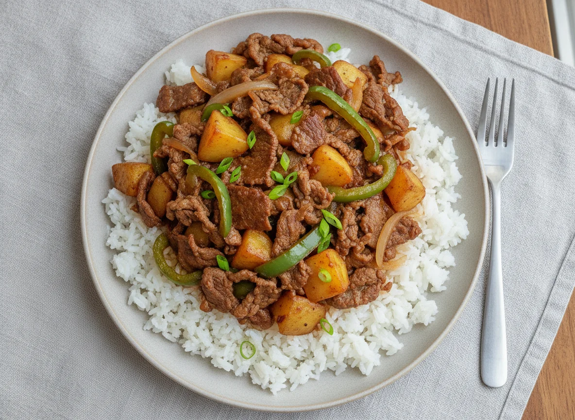 Beef with Potatoes and Green Peppers over Rice photo