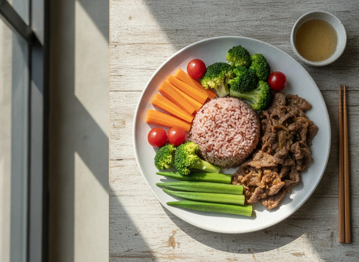 Beef with Red Rice and Steamed Vegetables photo