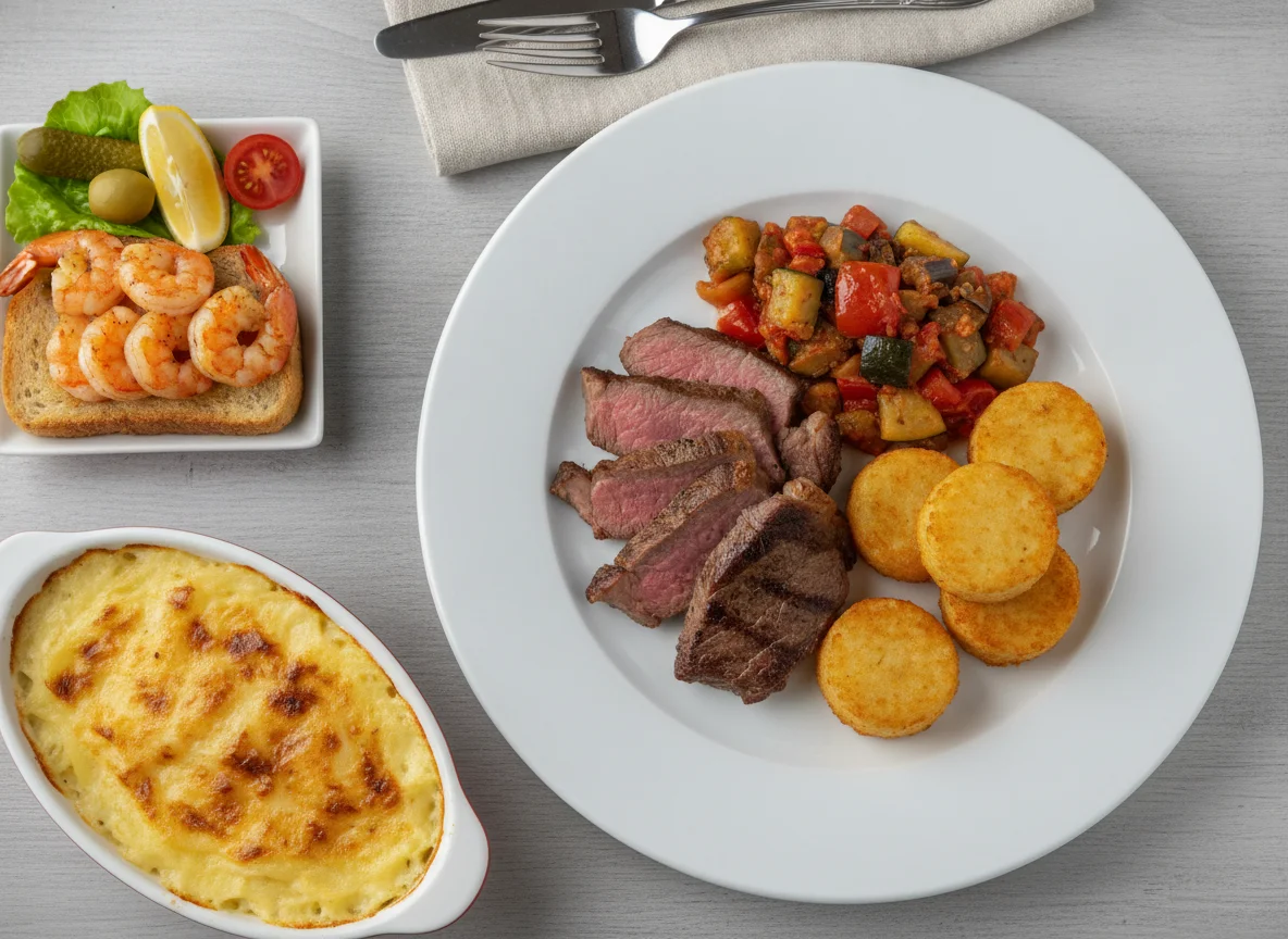 Beef with vegetables, shrimp appetizer, and gratin photo