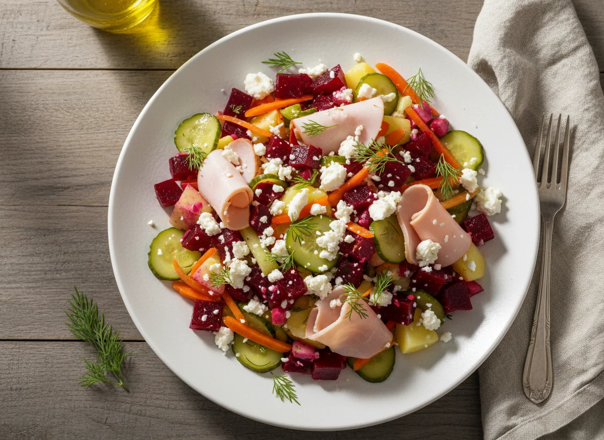 Beetroot and Potato Salad with Feta and Turkey Ham photo