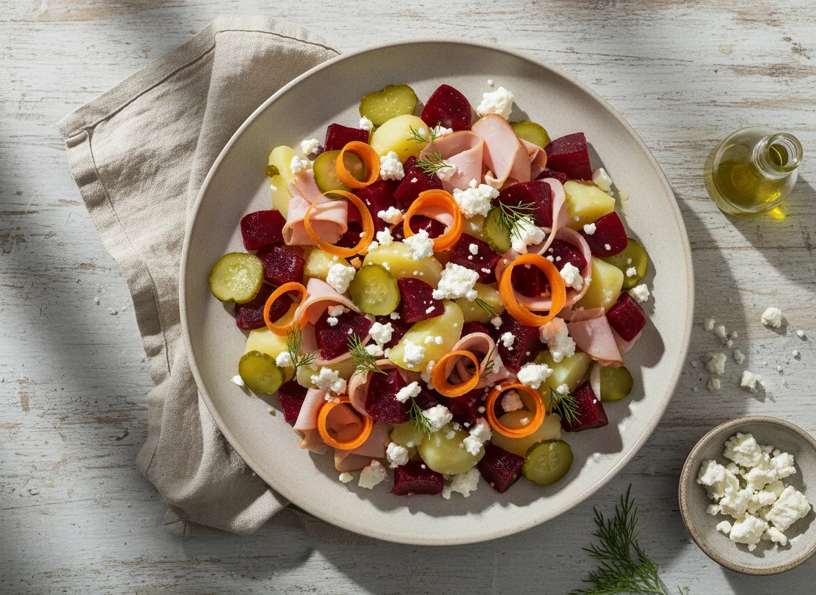 Beetroot and Potato Salad with Turkey Ham and Feta photo