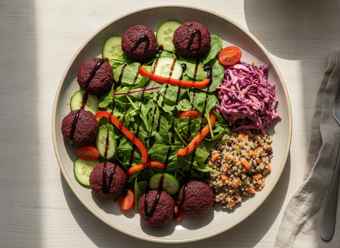 Beetroot Falafel Salad with Coleslaw and Balsamic Glaze photo