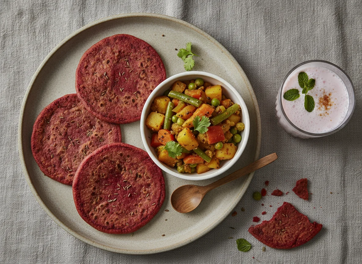 Beetroot Paratha with Vegetable Sabzi and Buttermilk photo